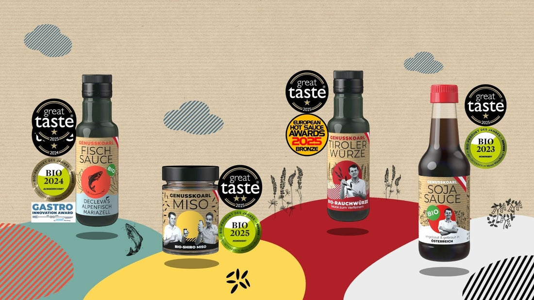 Prämierte Genusskoarl-Produkte mit Great Taste Awards 2025 und weiteren Bio-Auszeichnungen.