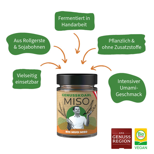 Genusskoarl Mugi Miso Vorteile: Glas mit cremiger Mugi Miso Paste, umgeben von Icons & Text zu Bio-Qualität, Umami, Nachhaltigkeit sowie regionaler österreichischer Herkunft.