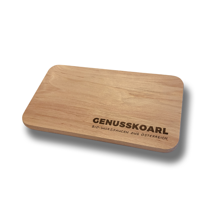 Schneidebrett aus Holz mit Genusskoarl-Logo