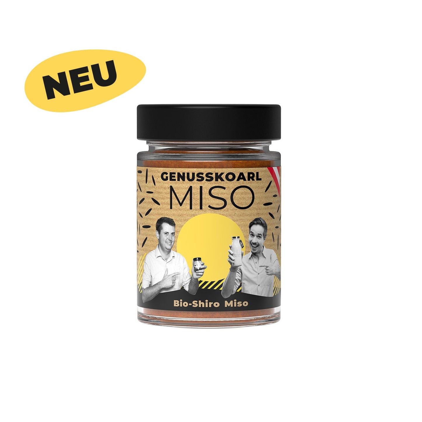 Genusskoarl Shiro‑Miso im Glas – cremig helle Paste, regional und nachhaltig produziert, auf hellem Hintergrund.