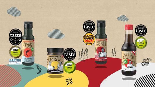 Prämierte Genusskoarl-Produkte mit Great Taste Awards 2025 und weiteren Bio-Auszeichnungen.