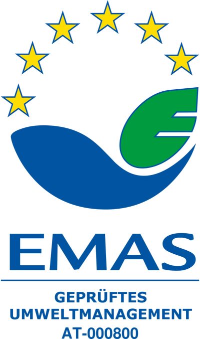 Das Siegel des EMAS geprüften Unmweltmanagment der Genusskoarl GmbH mit der Nummer AT-000800