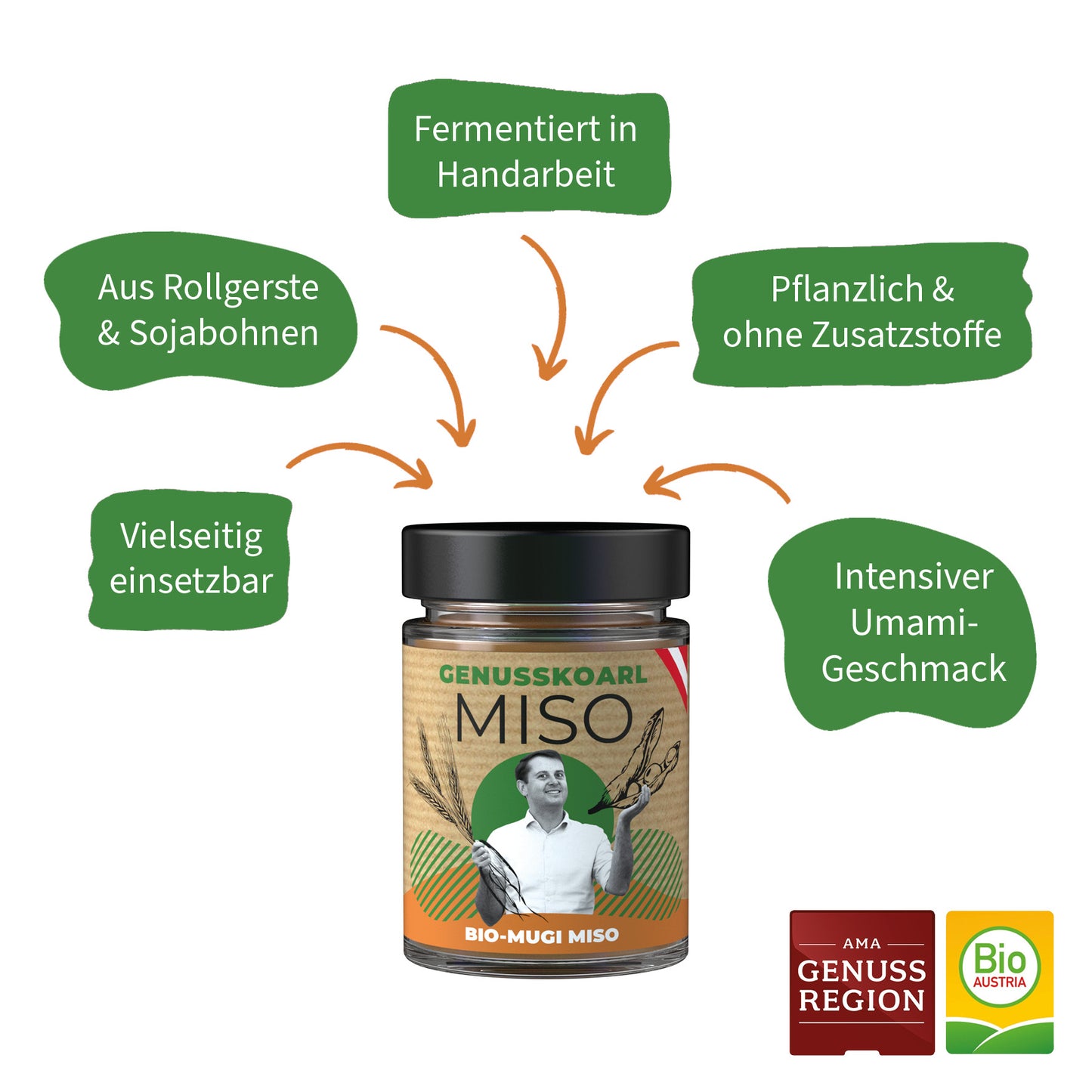  Erklärung Genusskoarl Bio Mugi Miso - Vielseitig einsetzbar, aus Rollgerste & Sojabohnen, fermentiert in Handarbeit, pflanzlich & ohne Zusaztstoffe, intensiver Umami-Geschmack