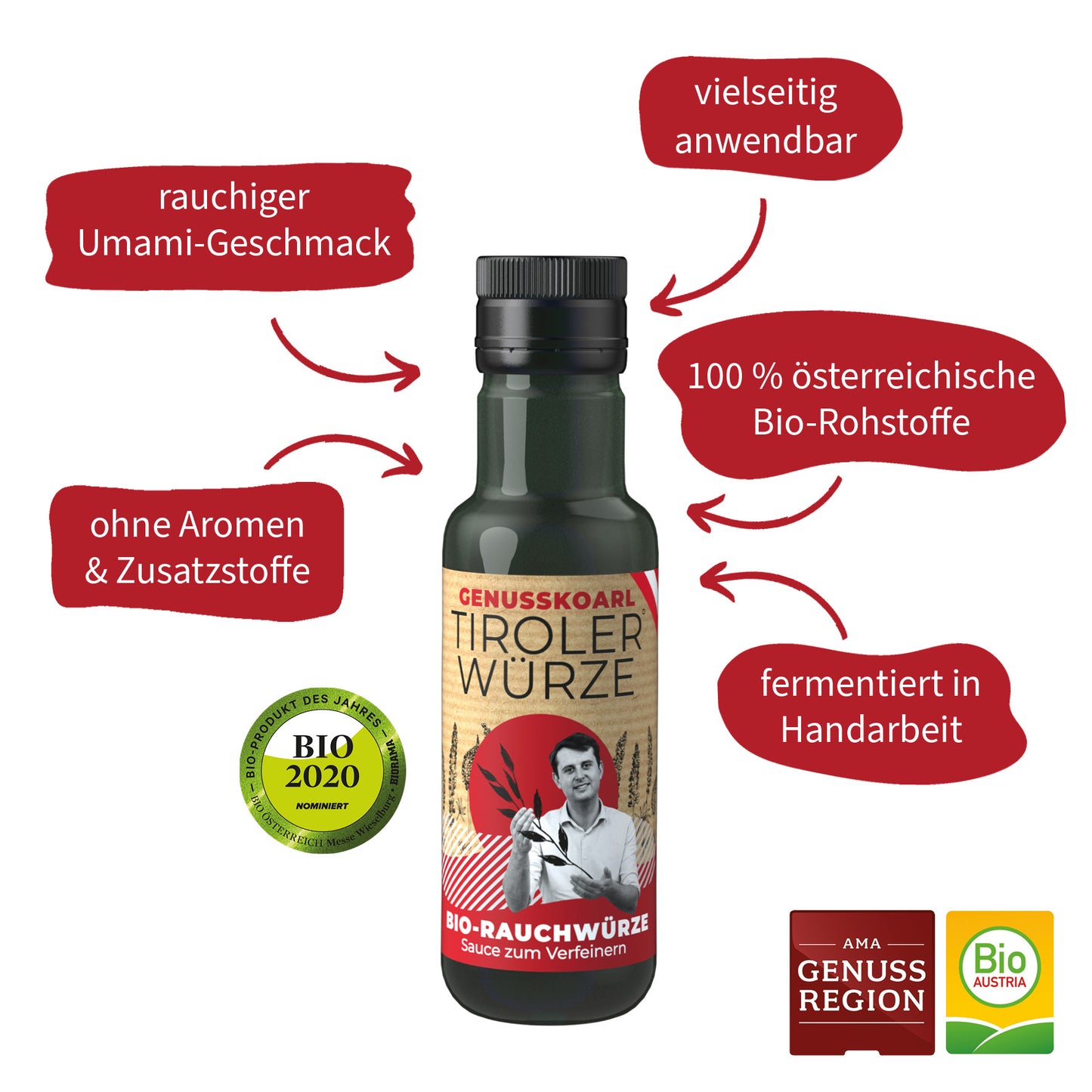 Erklärung Genusskoarl Tiroler Würze: ohne Aromen & Zusatzstoffe, rauchiger Umami-Geschmack, vielseitig anwendbar, 100% österreichische Buio-Rohstoffe, fermentierte Handarbeit